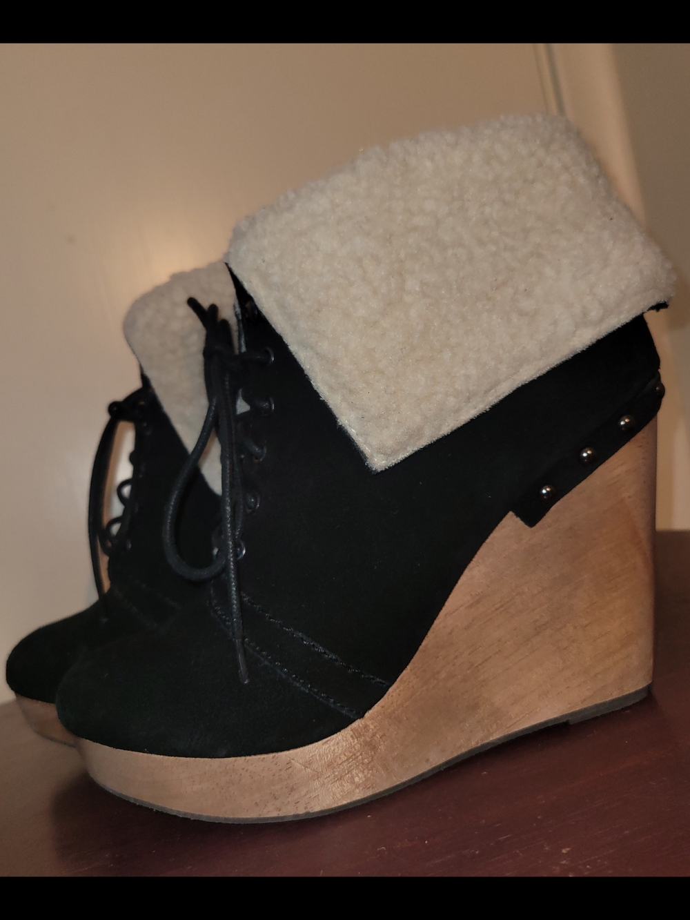 Naughty Monkey Black Suede Tall Wedge Booties with Cream Faux Shearling Collar